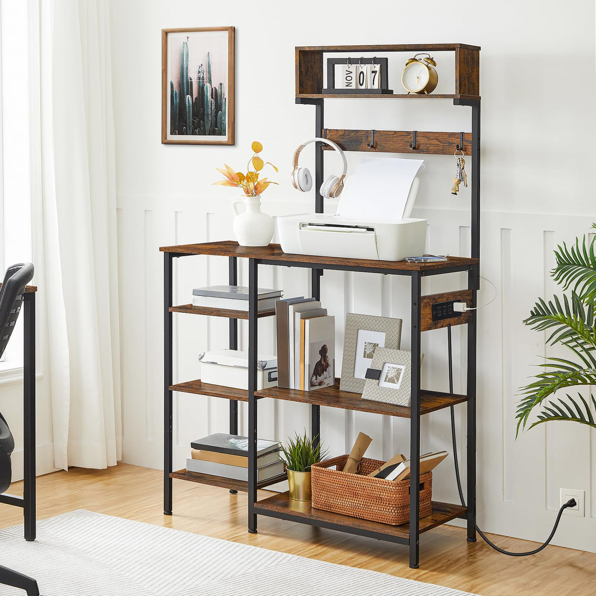 HOOBRO Bakers Rack with Power Outlet, 35.4 Inches Microwave Stand with 4 Hooks, 6 Tiers Kitchen Storage Shelf Rack, Coffee Bar Table, Rustic Brown and Black BF10UHB01 HOOBRO