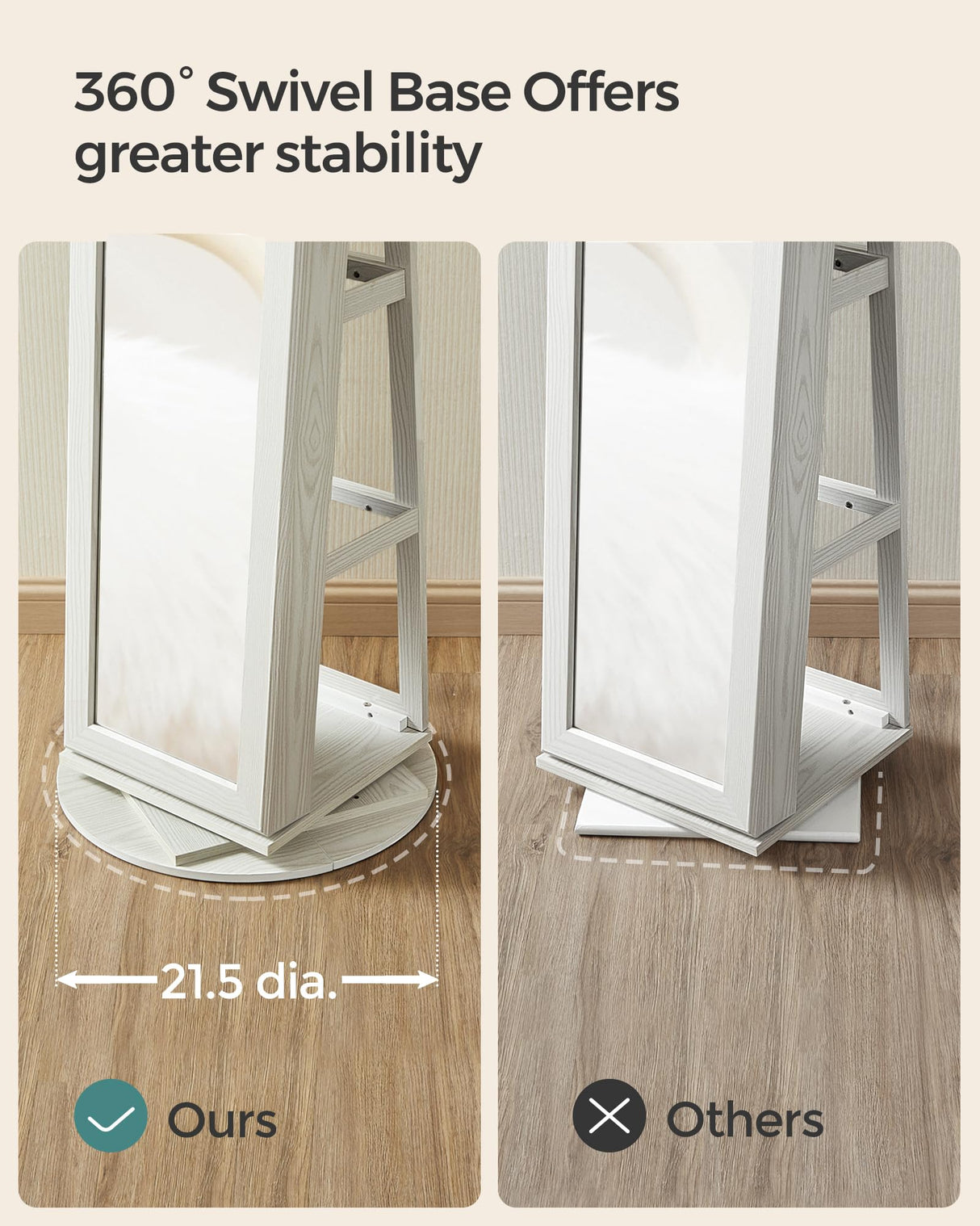 SONGMICS 360° Swivel Jewelry Cabinet, Lockable Jewelry Organizer with Full-Length Mirror, Rear Storage Shelves, Interior Mirror, Jewelry Armoire, Gift Idea, White with Gray Wood Grain UJJC006W01 SONGMICS