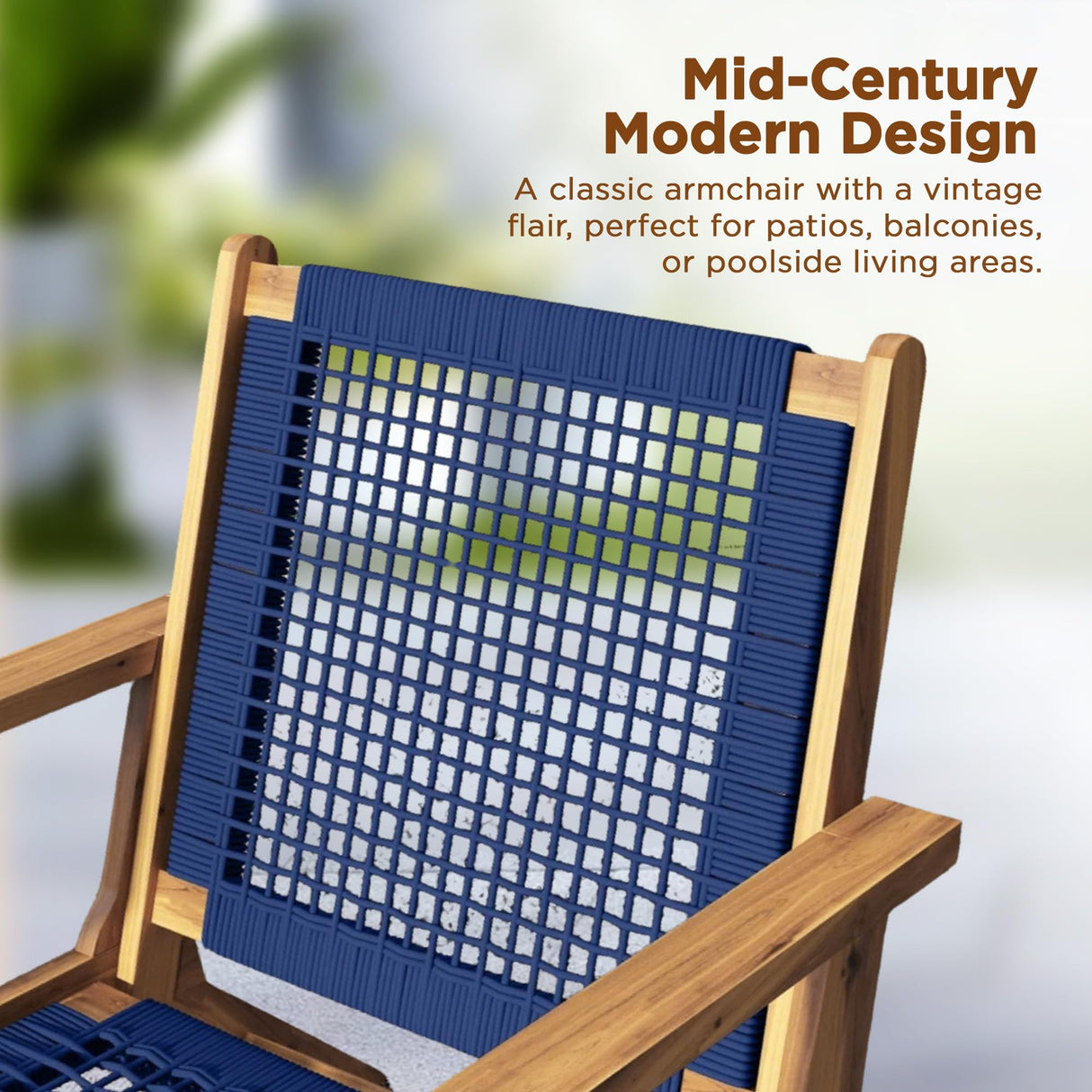 Patio Sense 62773 Vega Natural Stain Outdoor Chair Acacia Wood Construction Hand Woven Seat Mid Century Design Comfortable Reclining Armchair Patio Lawn Garden Backyard Deck - Ecru Cording Patio Sense