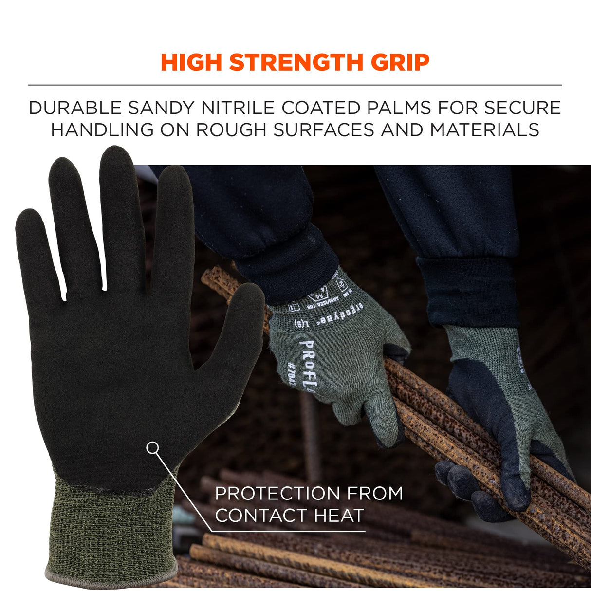 Ergodyne ProFlex 7042 Cut Resistant Work Gloves, ANSI A4, Contact Heat Resistant, Sandy Nitrile Coated Palms, 18g Aramid , Green Ergodyne