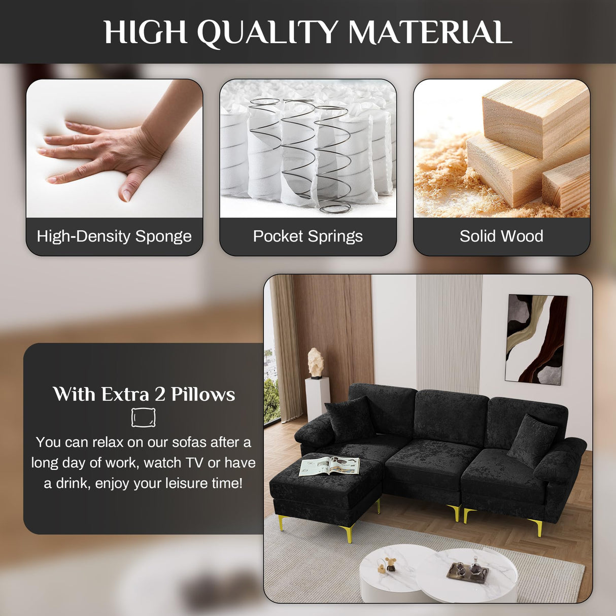 OUYESSIR L Shaped Sectional Sofa Couch, 3 Seat Velvet Sofa with Ottoman and Pillows, Upholstered Comfy Couch Sleeper for Living Room, Bedroom, 91 inches (Black) OUYESSIR