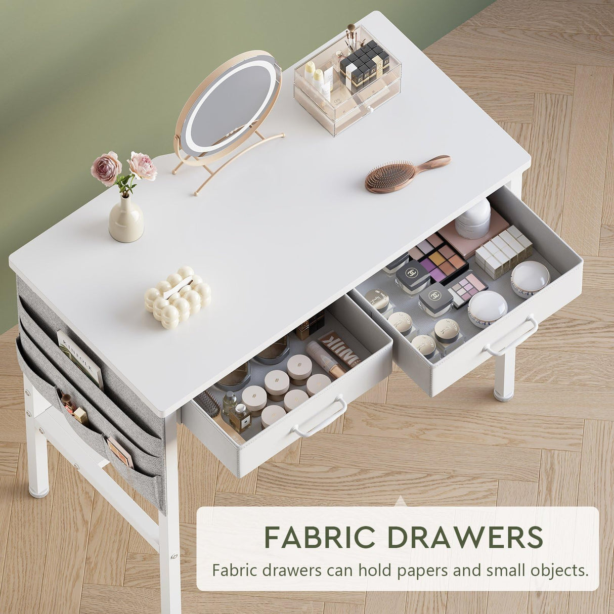 Maihail Small Vanity Desk no Mirror, Small Makeup Vanity, Compact Vanity with Storage, Vanity Desk with Drawers, Mini Vanity with Shelves, White Maihail