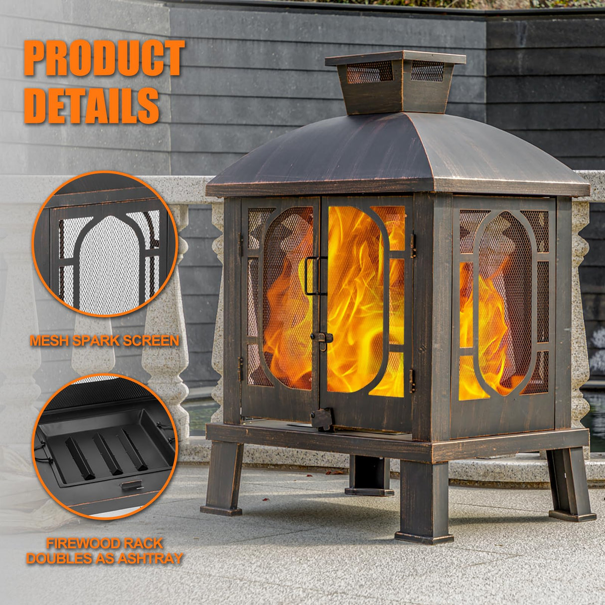 Panovue 45" H×31''W Metal Chiminea Fire Pit with Grill, Wood Burning Fire Pits for Outside,Square Chimineas Fireplace with Mesh Spark Screen Door& Fire Poker for Garden,Yard,BBQ,Bonfire Panovue
