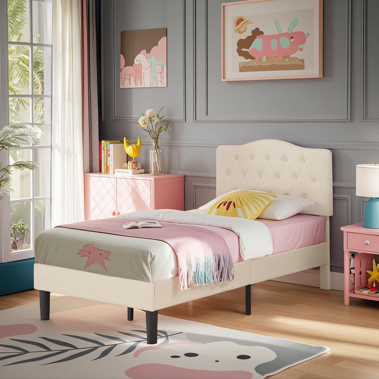 VECELO Twin Size Platform Bed Frame with Fabric Upholstered Headboard and Wooden Slats Support, No Box Spring Needed/Easy Assembly,Beige VECELO