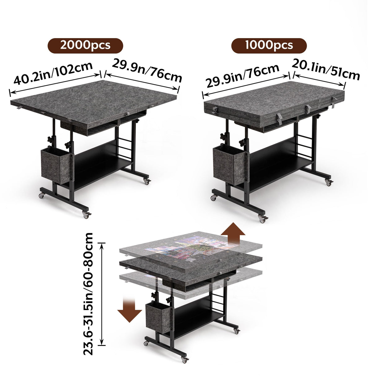 Tektalk 2000 Piece Foldable Felt Jigsaw Puzzle Table with Height Adjustment, Puzzle Board for Adults with 2 Cover & 8 Sorting Trays/Drawers, Easel with Legs, Enclosed with 4 Roller Wheels - Dark Gray Tektalk