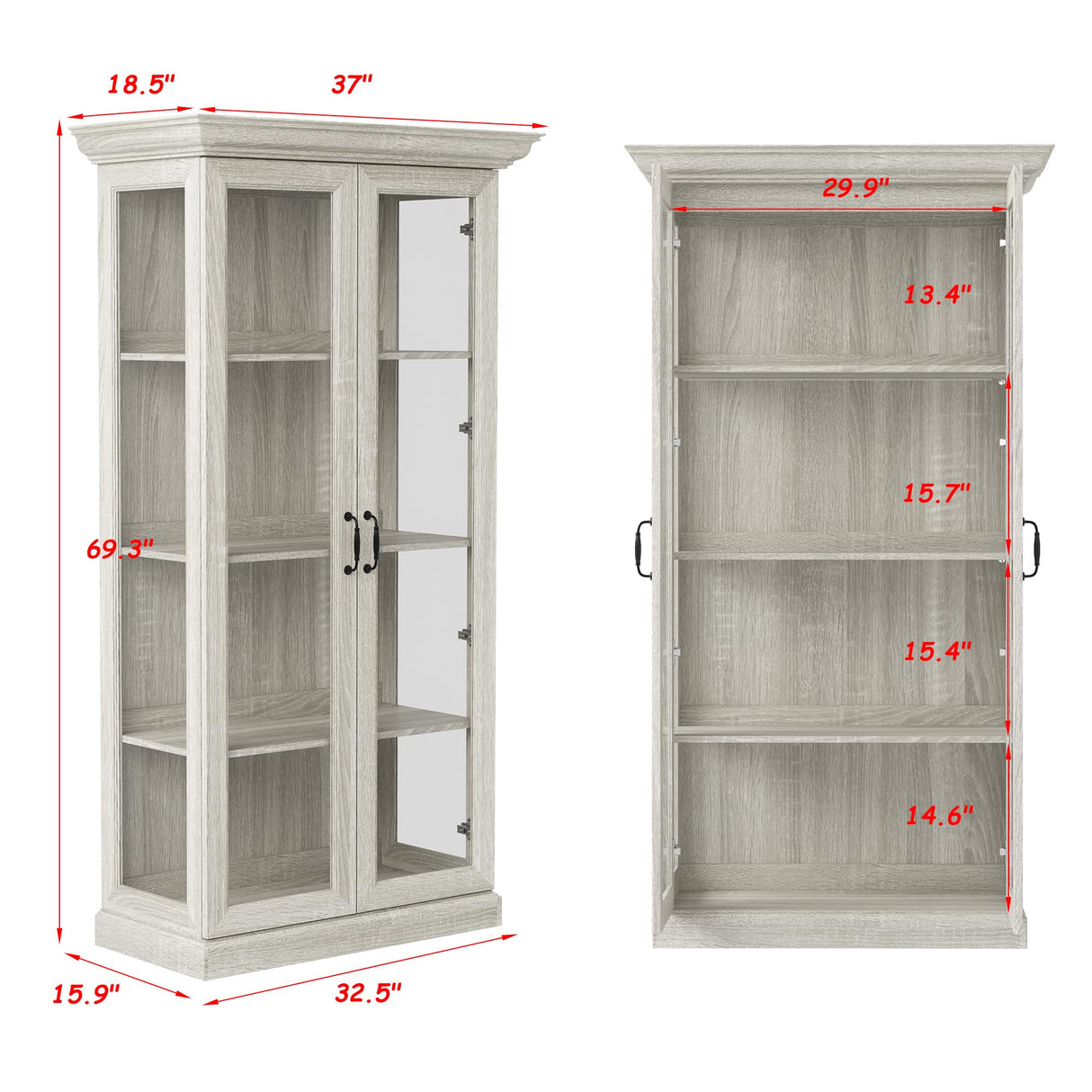 FUNISIR Display Cabinet with 2 Glass Doors, Curio Cabinet with LED Light & 4-Tier Storage Shelves for Collectibles, 37" W Glass Display Case for Living Room, Home Office, Grey Oak FUNISIR