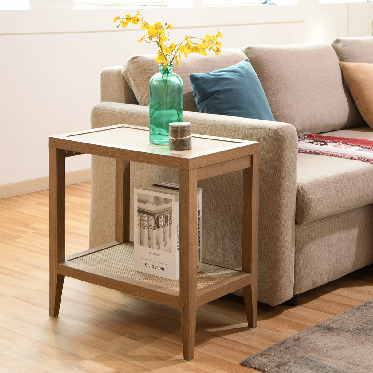 SICOTAS Boho Rattan Nightstand Bedside Table - Farmhouse Narrow End Table for Living Room - Accent Side Table with 2 Rattan Open Storage Shelves for Bedroom, Small Spaces, Wood SICOTAS