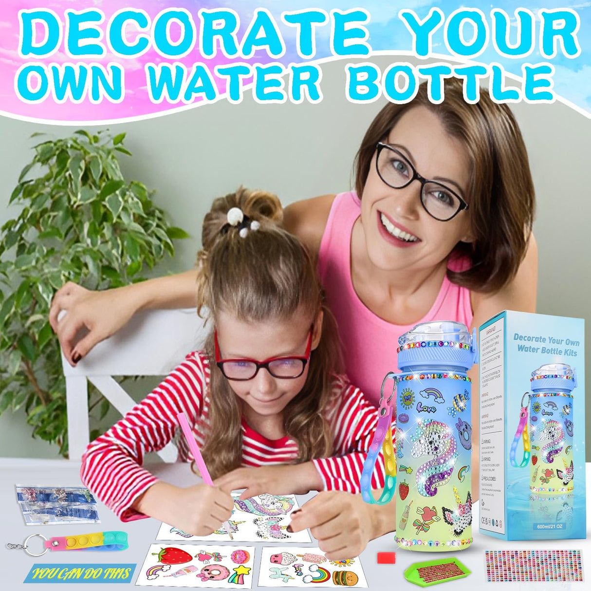 Decorate Your Own Water Bottle Kits for Girls Age 4-6-8-10 - Year Whimsy Unicorn Painting Crafts,Girls Diamond Art Water Bottle,Fun Diamond Sticker Arts and Crafts Gifts Toys for Girls Birthday 600ML YarnWhimsy