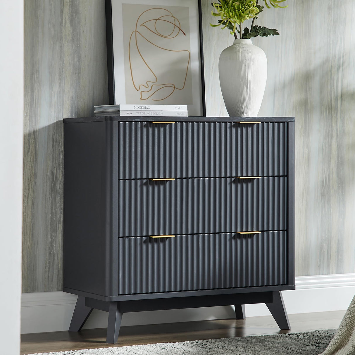 T4TREAM 32" Tall Fluted Nightstand, Modern Side Table with Faux Marble Top, 3 Drawers End Table w/Storage, Bedside Table for Bedroom, Living Room, Curved Profile Design, Dark Grey T4TREAM