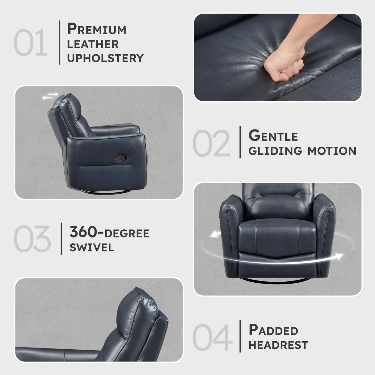 Lexicon Swivel Glider Reclining Chair, Top Grain Leather Match Manual Recliner, Comfy Nursery Glider Recliner, Swivel Reclining Chair for Living Room/Office/Bedroom/Apartment, Dark Blue Lexicon