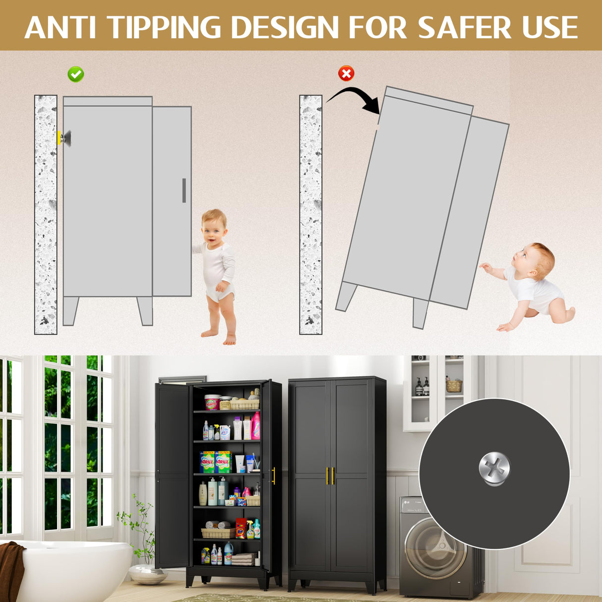 GAIOUS 75.2" Tall Storage Cabinet, Pantry Storage Cabinet with 2 Door and 5 Adjustable Shelves, Black Kitchen Food Storage Cabinet, Metal Utility Cabinet for Kitchen, Dinning Room, Laundry Room GAIOUS