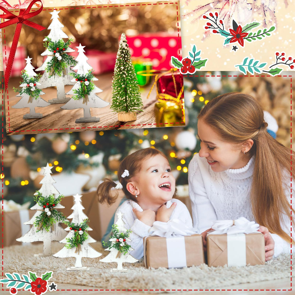 3 Pcs Wooden Christmas Tree Tabletop Decoration Farmhouse Wood Christmas Trees Christmas Centerpieces Rustic Sanding Freestanding Table with Star Berry Bells Pine Xmas Centerpiece for Home Kitchen Soaoo