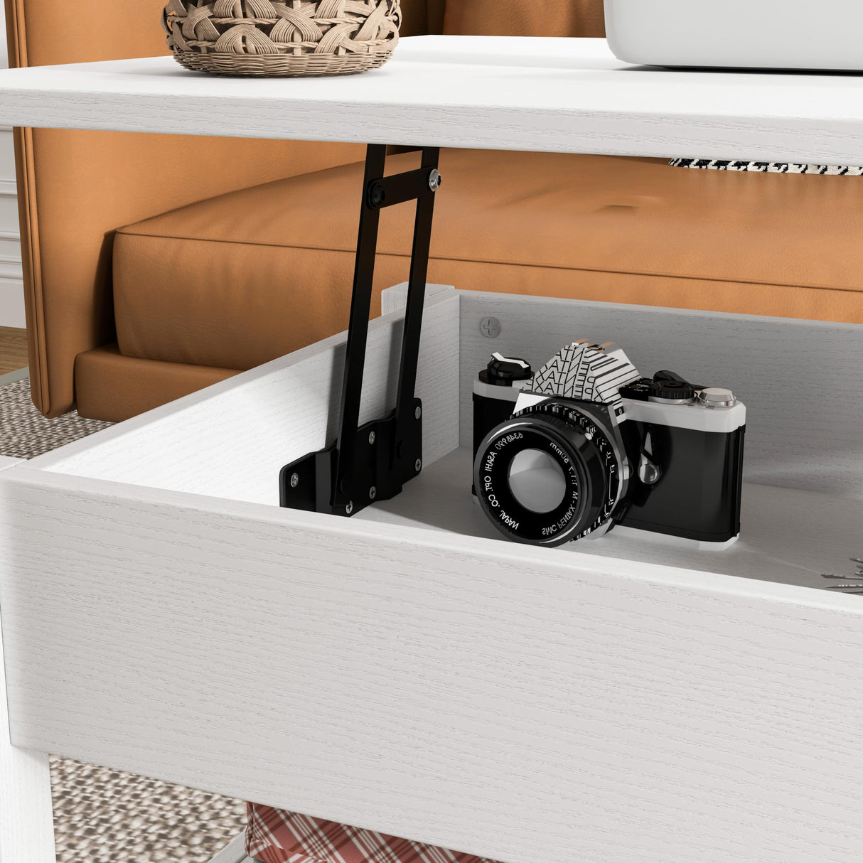 Panana Coffee Table, Lift Top Coffee Table with Hidden Compartment, 2 Drawers and 1 Open Shelf, Retro Central Wooden Table Lift Tabletop for Living Room (White) Panana