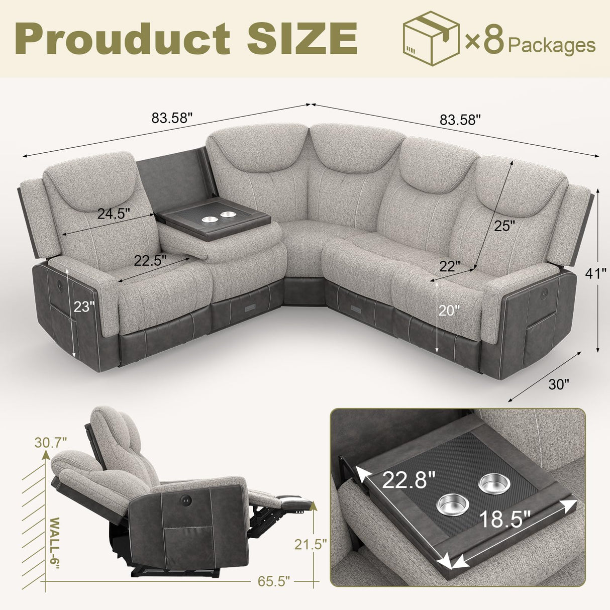 Dresegmt Manual Recliner Sectional Sofa for Living Room, Corner Couch with Flip Middle Backrest, USB Ports & Cup Holders, Grey Linen & Chocolate Leather, 5 Seater Sectional Couch Dresegmt