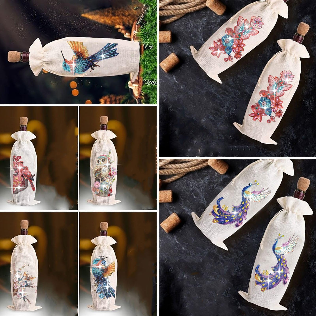 ARTopet DIY Diamond Christmas Wine Bottle Bags with Drawstring Diamond Art Painting Burlap Wine Gift Bags for Xmas Festive Holiday Party Wedding, Travel, Birthday-Hummingbird ARTopet