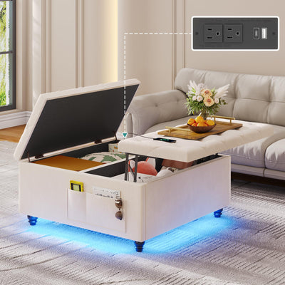 Storage Ottoman Coffee Table,Square Ottoman with Storage & Charging Station and LED Lights,Velvet Buttons Large Ottoman Coffee Table with Lift Top & Solid Wood Legs for Living Room Bedroom (Beige)