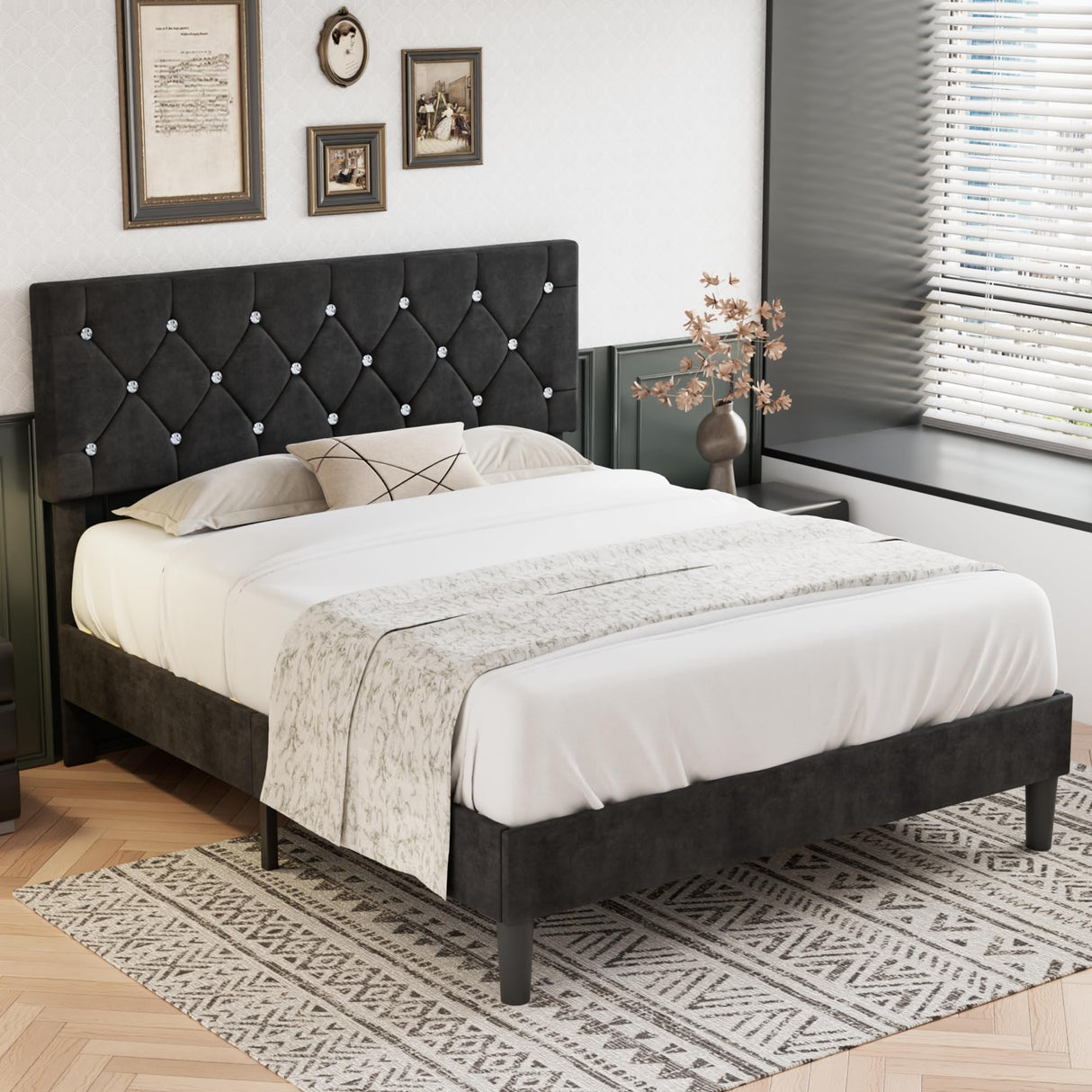 VECELO Queen Size Bed Frame, Upholstered Platform with Adjustable Diamond Tufted Headboard, Wood Slat Support, No Box Spring Needed, Velvet & Black VECELO