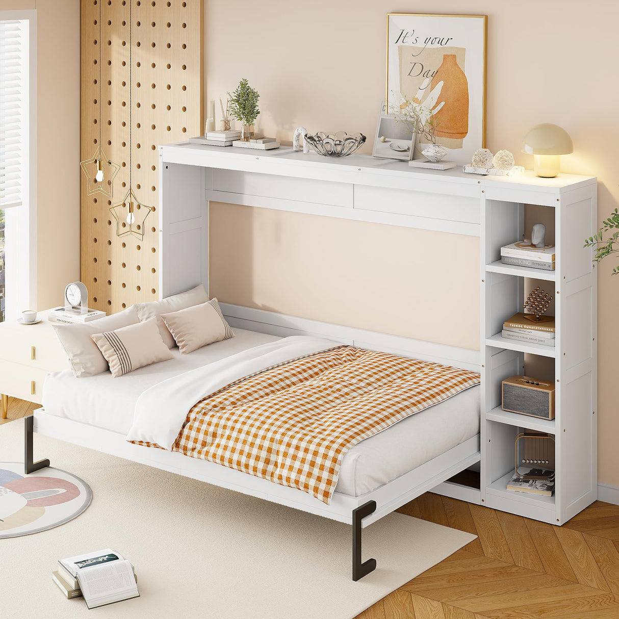 HABITRIO Full Size Murphy Bed, Wooden Wall Cabinet Bed with Bookshelf, White HABITRIO