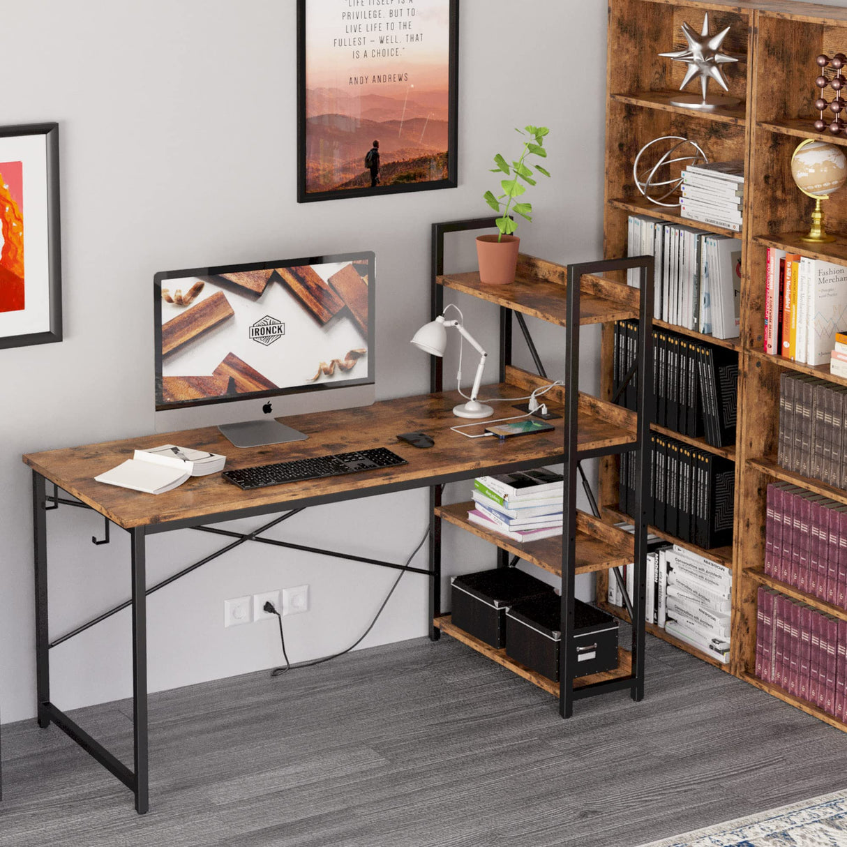 IRONCK Computer Desk 55" with Power Outlet and Storage Shelves, Study Writing Table with USB Ports Charging Station, PC Desk Workstation for Home Office, Rustic Brown IRONCK
