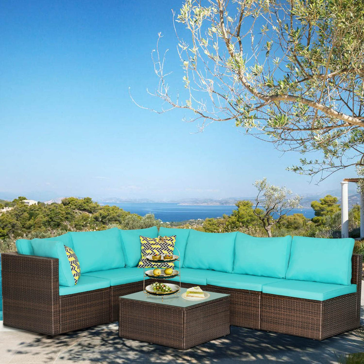 PayLessHere Patio Furniture Set 7 Pieces Outdoor Furniture Wicker Conversation Set Sectional Sofa and Coffee Table Wicker Patio Conversation Sets for Backyard Porch Balcony Poolside,Blue Cushion PayLessHere