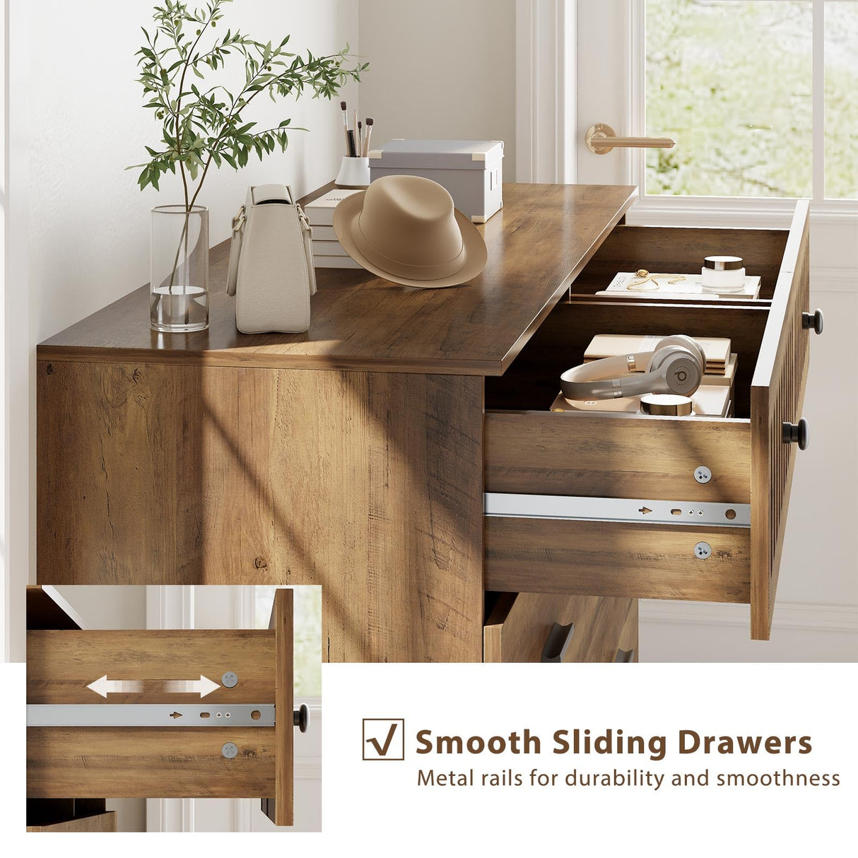 IBF Farmhouse Dresser for Bedroom Modern 6 Drawer Dresser Fluted Chest of Drawers Large Wood Closet Dressers with Anti-Tipping Design for Bedroom, Living Room, Hallway, Entryway, Nursery, Rustic Oak IBF