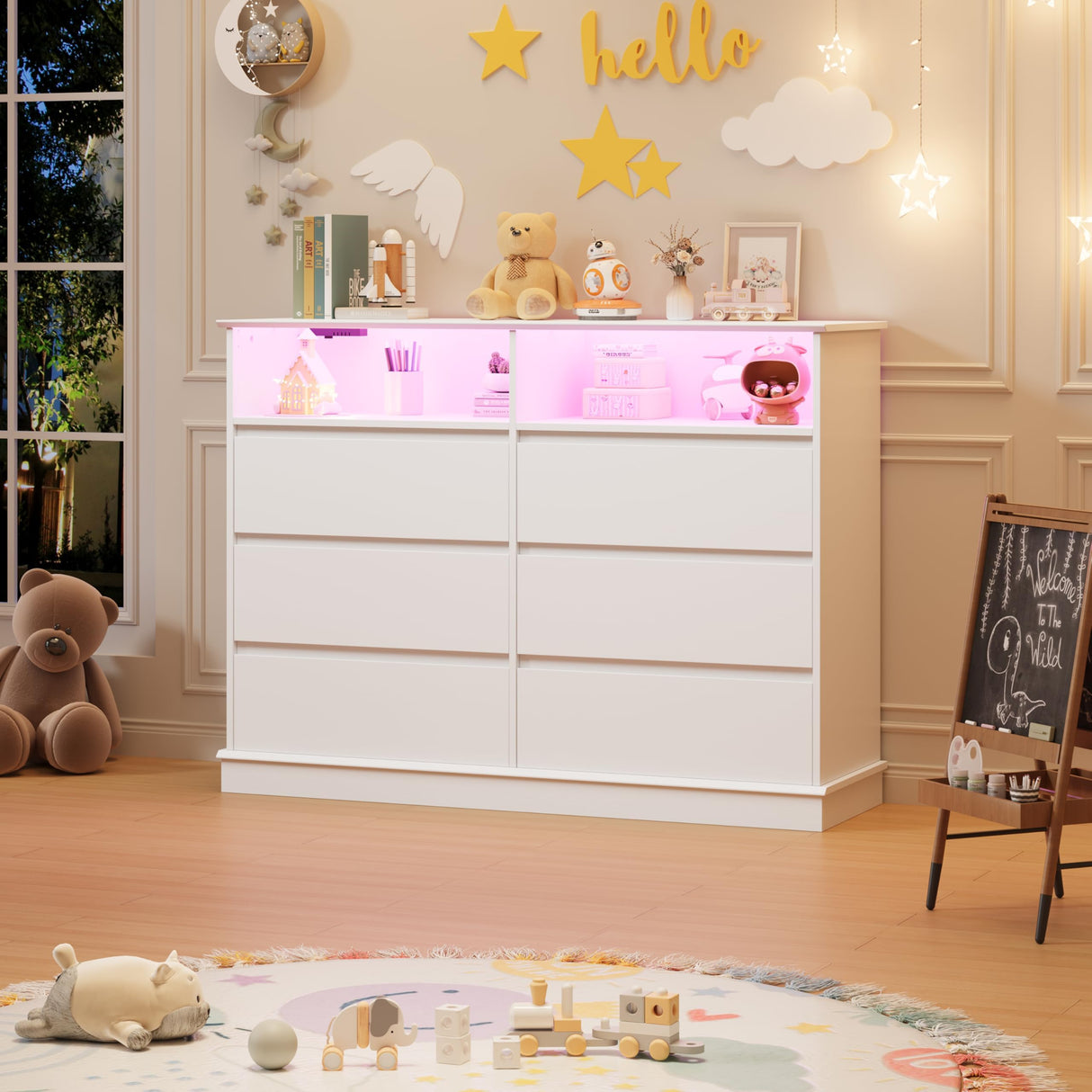 IDEALHOUSE 6 Drawer Dresser for Bedroom with LED Lights & Charging Station, Modern White Dresser with LED for Bedroom, Wide Chest of 6 Drawers with Open Storage Shelf for Living Room, Hallway, Closet IDEALHOUSE