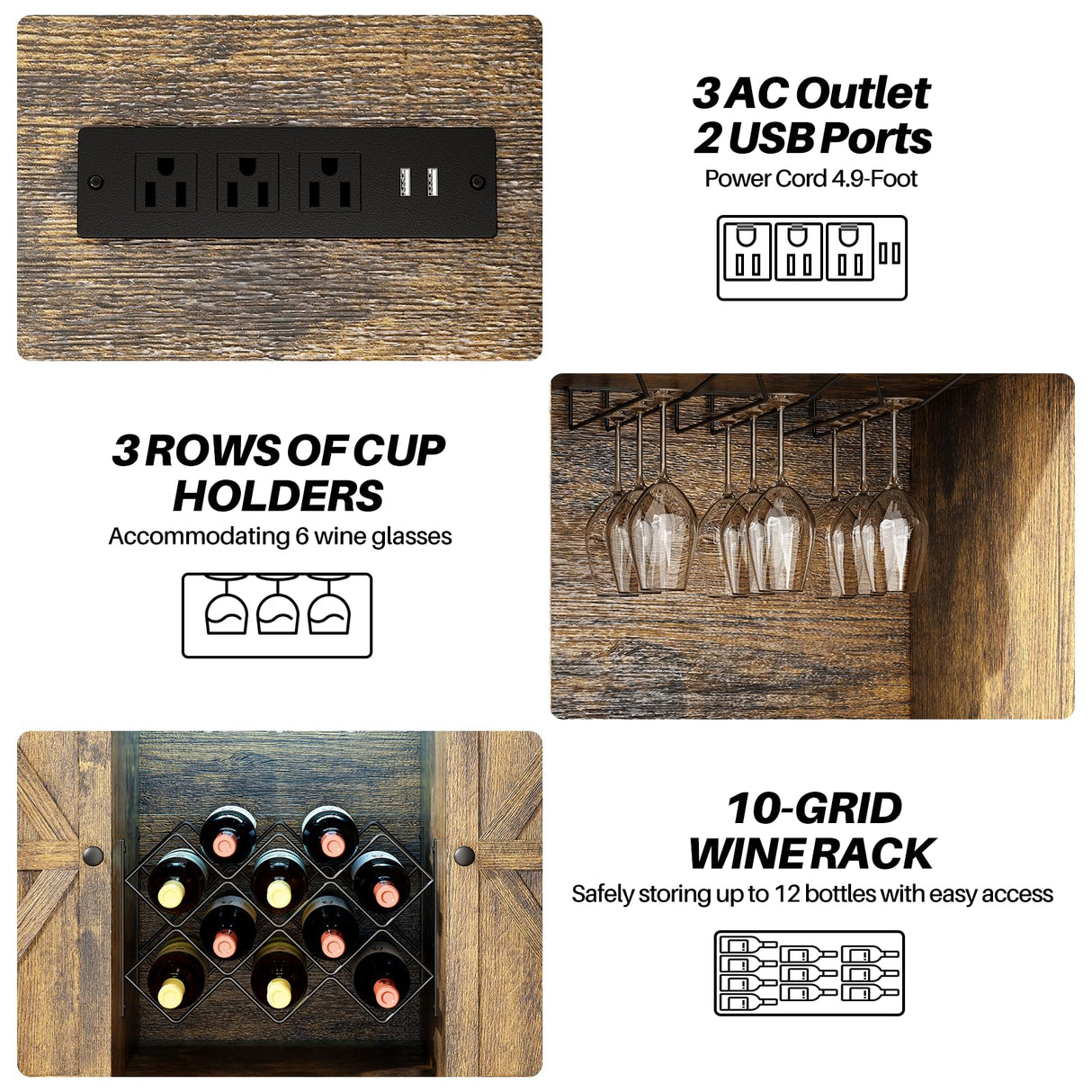 Redlife Wine Bar Cabinet with Power Outlets, Liquor Cabinet with LED Lights and Glass Holder, Industrial Storage Buffet Cabinet Coffee Bar Cabinet, Liquor Cabinet Bar Home, Bar Cabinet with Lights Redlifeᅟᅠ