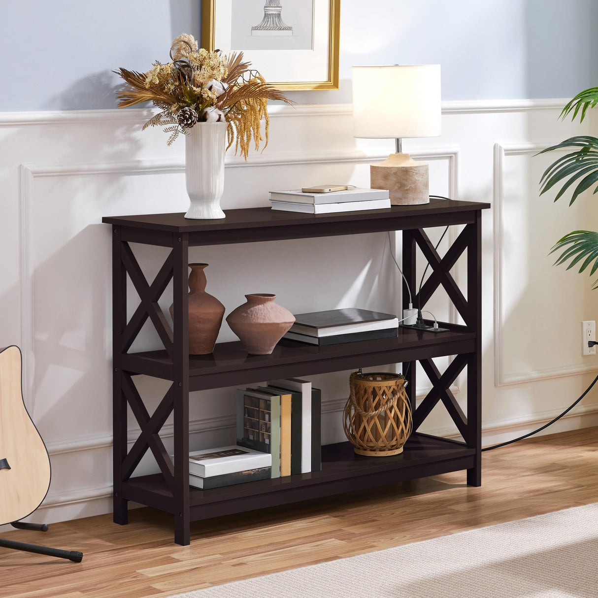 Yaheetech Console Table with Power Outlet, 3 Tier Narrow Sofa Couch Table with Storage Shelves, Wood Entryway Table Side Table for Living Room, Hallway, Entrance, Bedroom, Espresso Yaheetech