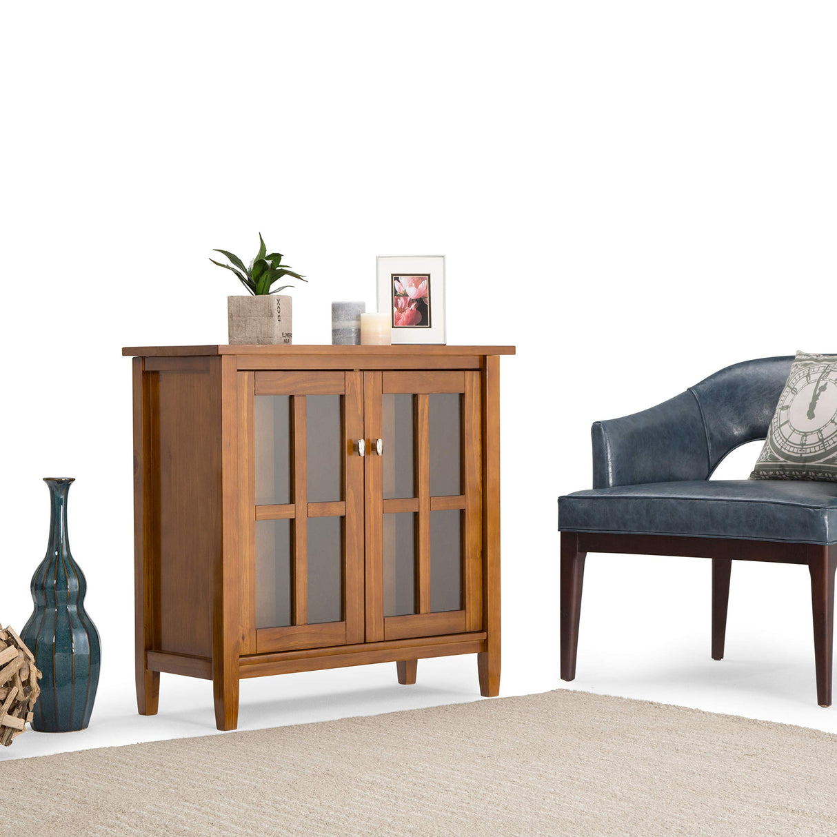 SIMPLIHOME Warm Shaker SOLID WOOD 32 inch Wide Rustic Low Storage Cabinet in Light Golden Brown, with 2 Adjustable Shelves, Tempered Glass Door SIMPLIHOME