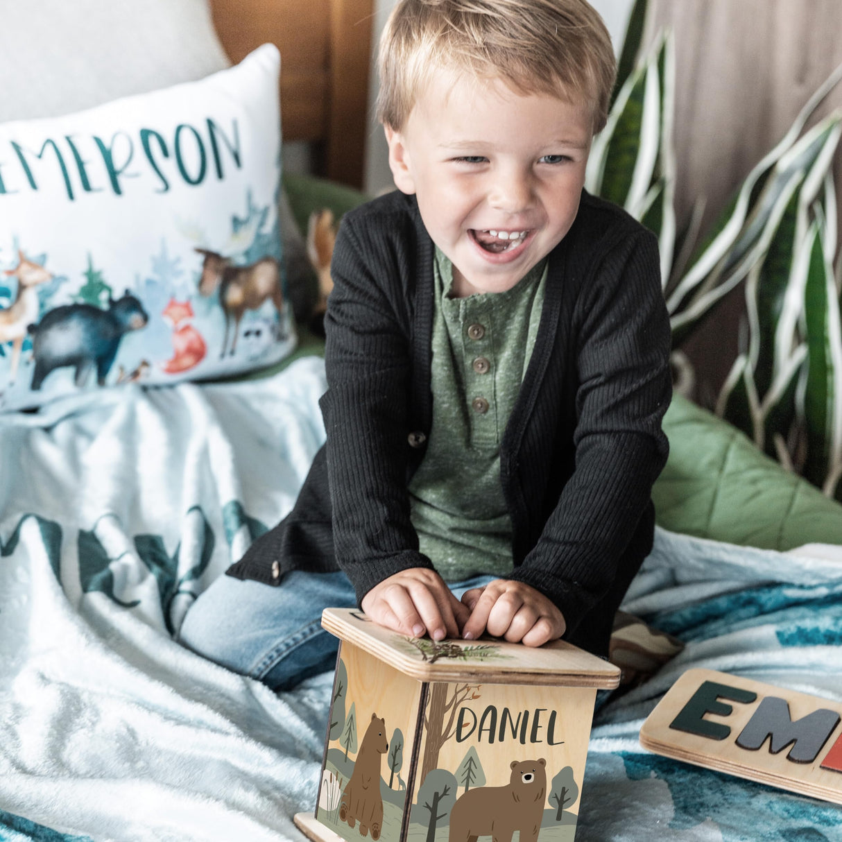 Wooden Piggy Bank for Kids and Adults, Personalized Gift Handmade in USA by BloomOwl, Custom Piggy Bank, Personalized Banks for Kids, Gifts for Baby Boys and Girls (Woodland) BloomOwl