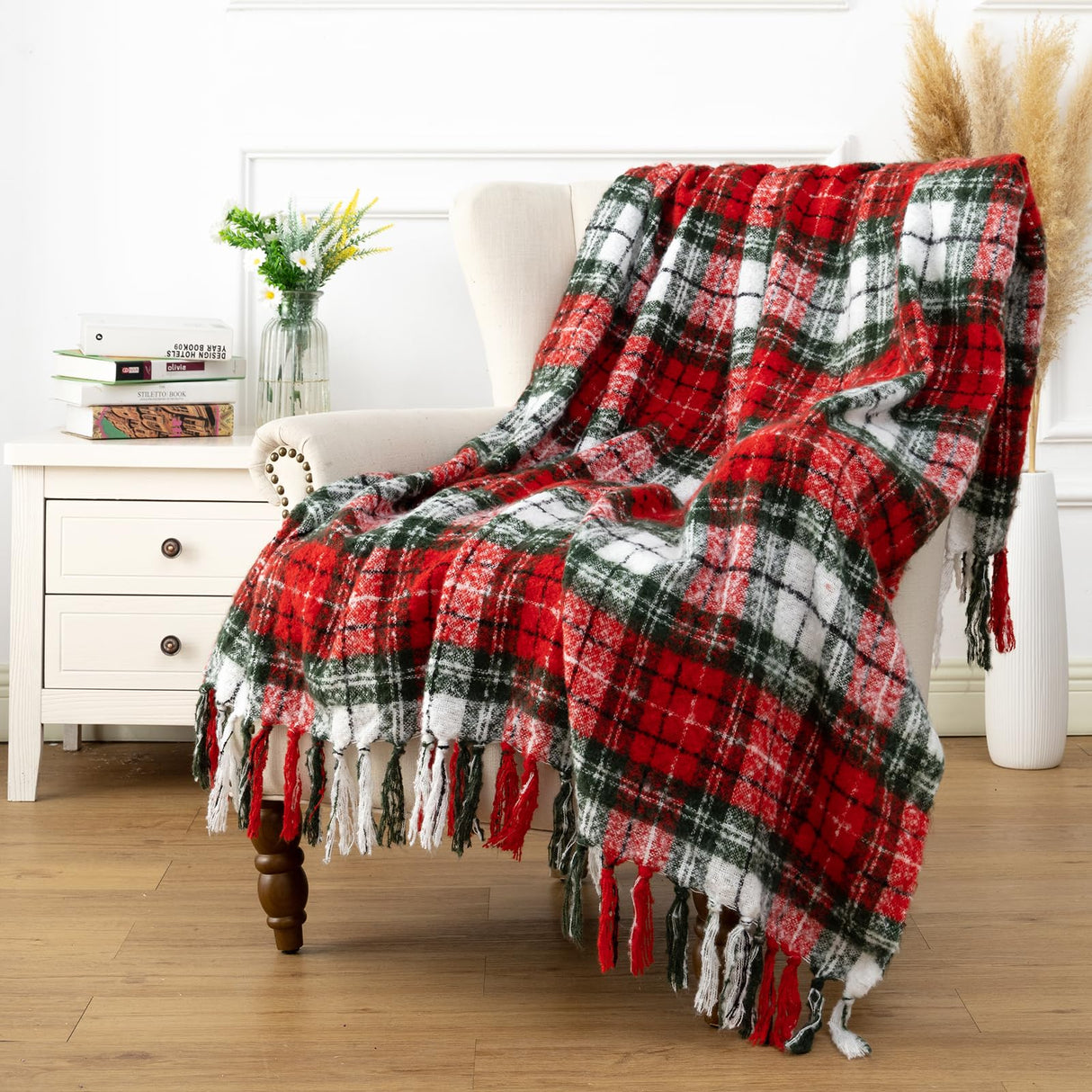 LALIFIT Plaid Throw Blanket with Fringes Green Red Christmas Home Decor Blankets Super Soft Cashmere Blanket for Couch Sofa Farmhouse Halloween etc 50" x 60" Inches(Xmas) LALIFIT