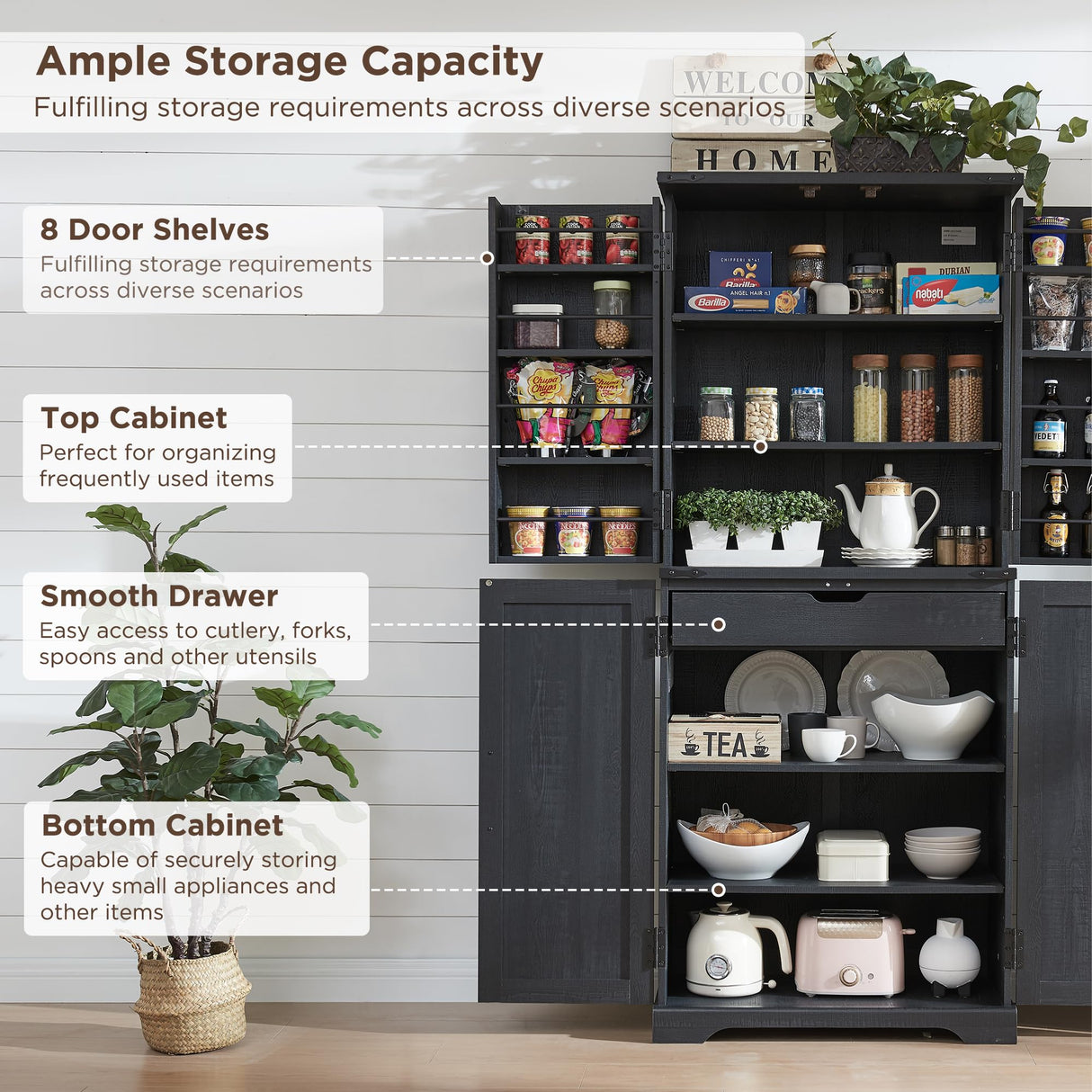 ACCOHOHO 72" Tall Kitchen Pantry, Farmhouse Storage Cabinet with Barn Door, Organizer, Drawer and Adjustable Shelves, Rustic Wood Cupboard for Kitchen, Dining Room, Bathroom, Black ACCOHOHO
