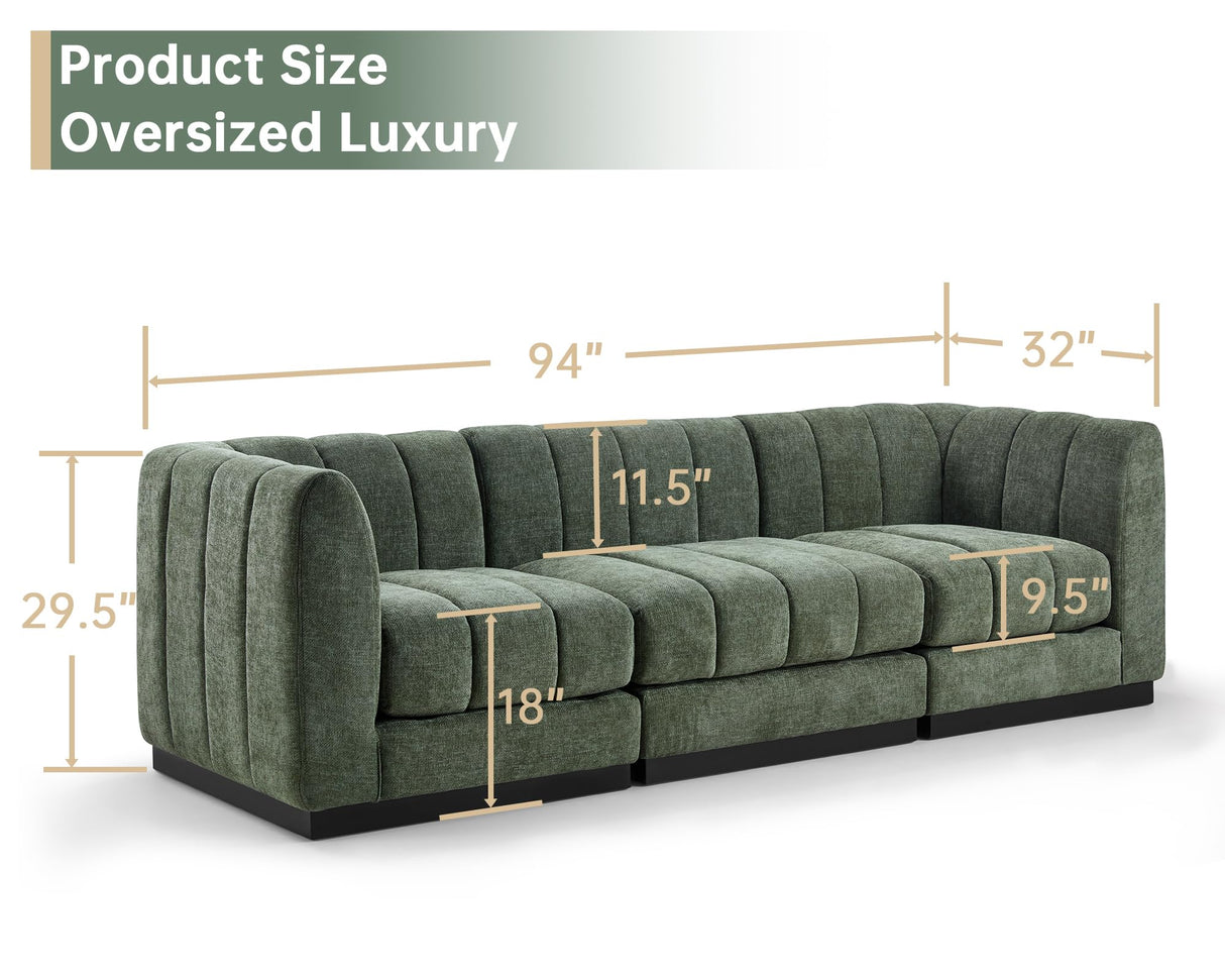 Morden Fort 96'' Luxury Modern Sofa, 3 Seater Modular Sectional Couch, Deep Seat Sofas, Minimalist Style Comfy Couches for Living Room Apartment, DIY Combination, Chenille, Green Morden Fort
