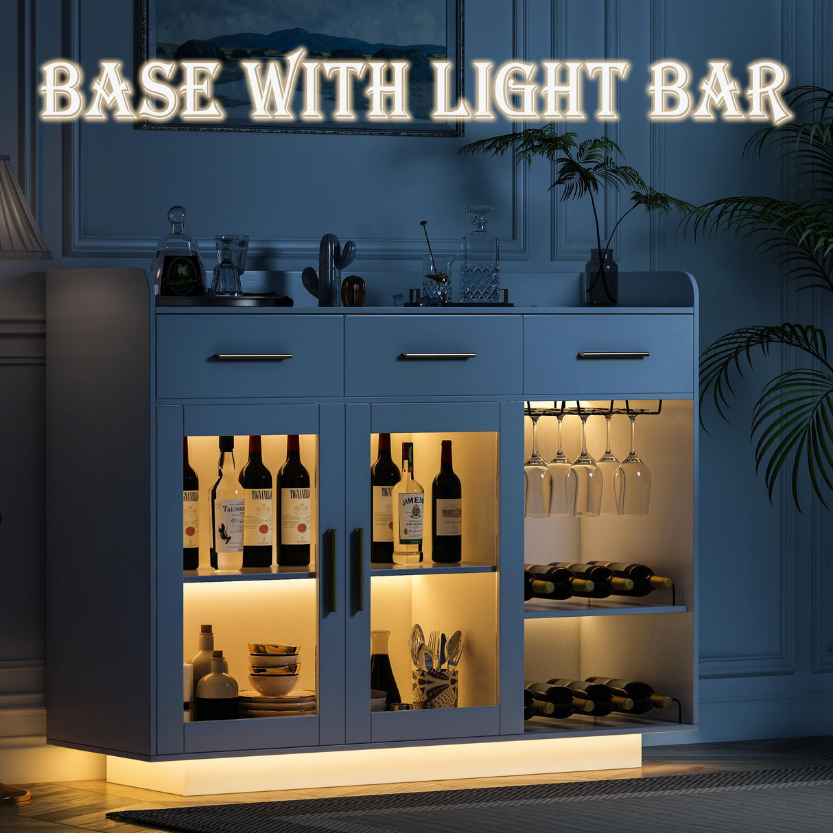 Wine Bar Cabinet with LED Strips, 47.1" Wine Cabinet with 3 Drawer and Power Outlet, Modern Liquor Cabinet with 2 Adjustable Shelves and 2 Glass Door for Living Room, Dining Room wanan