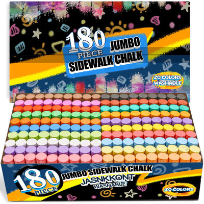 180 Pack Washable Sidewalk Chalk for Kid, 20 Colors Non-Toxic Jumbo Chalk Paint Bulk for Summer Outdoor Activity, Playground, School Classroom Chalkboard, Chalk Party Favors Set for Toddler Kids Adult