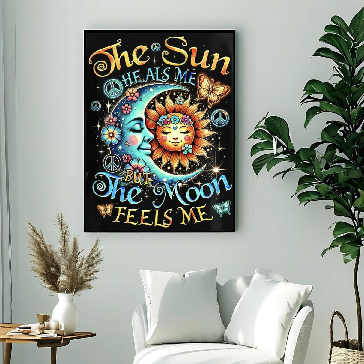 DIY 5D Diamond Painting Kit, Celestial Sun Moon Peace Design, Round Full Drill Crystal Art, Black Background Wall Decor, 12x16 Inch WGSMGL