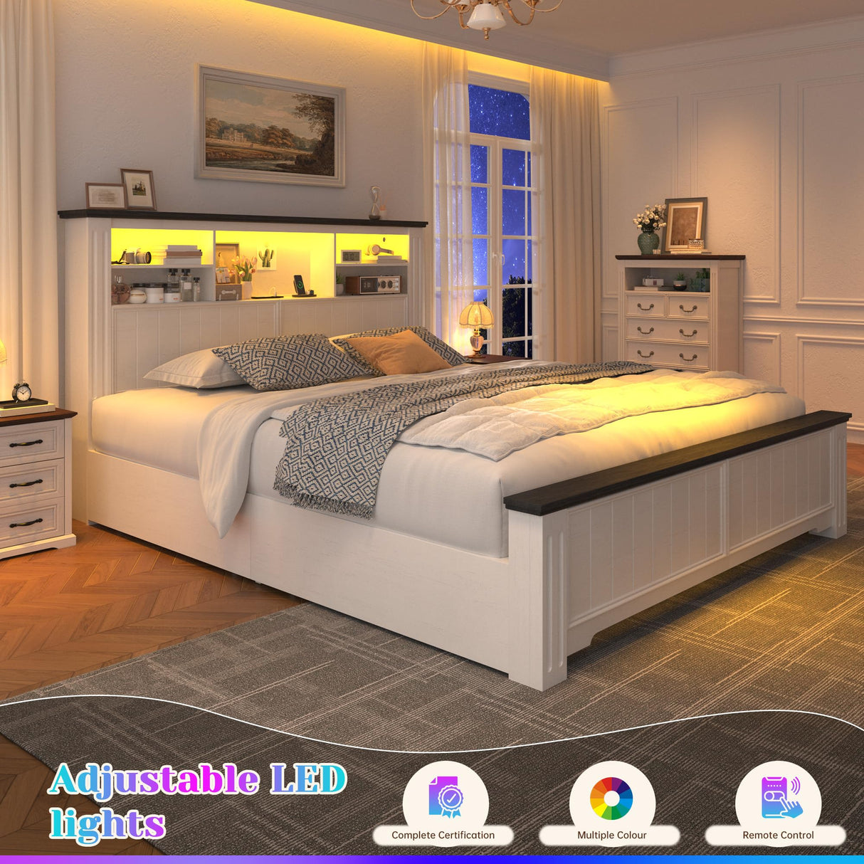 EnHomee Full Size Bed Frame with Headboard and Storage, 4 Drawers & LED & USB Full Bed Frame with Storage Farmhouse, Built in Charging Station,NO Noise,No Box Spring Needed,White EnHomee