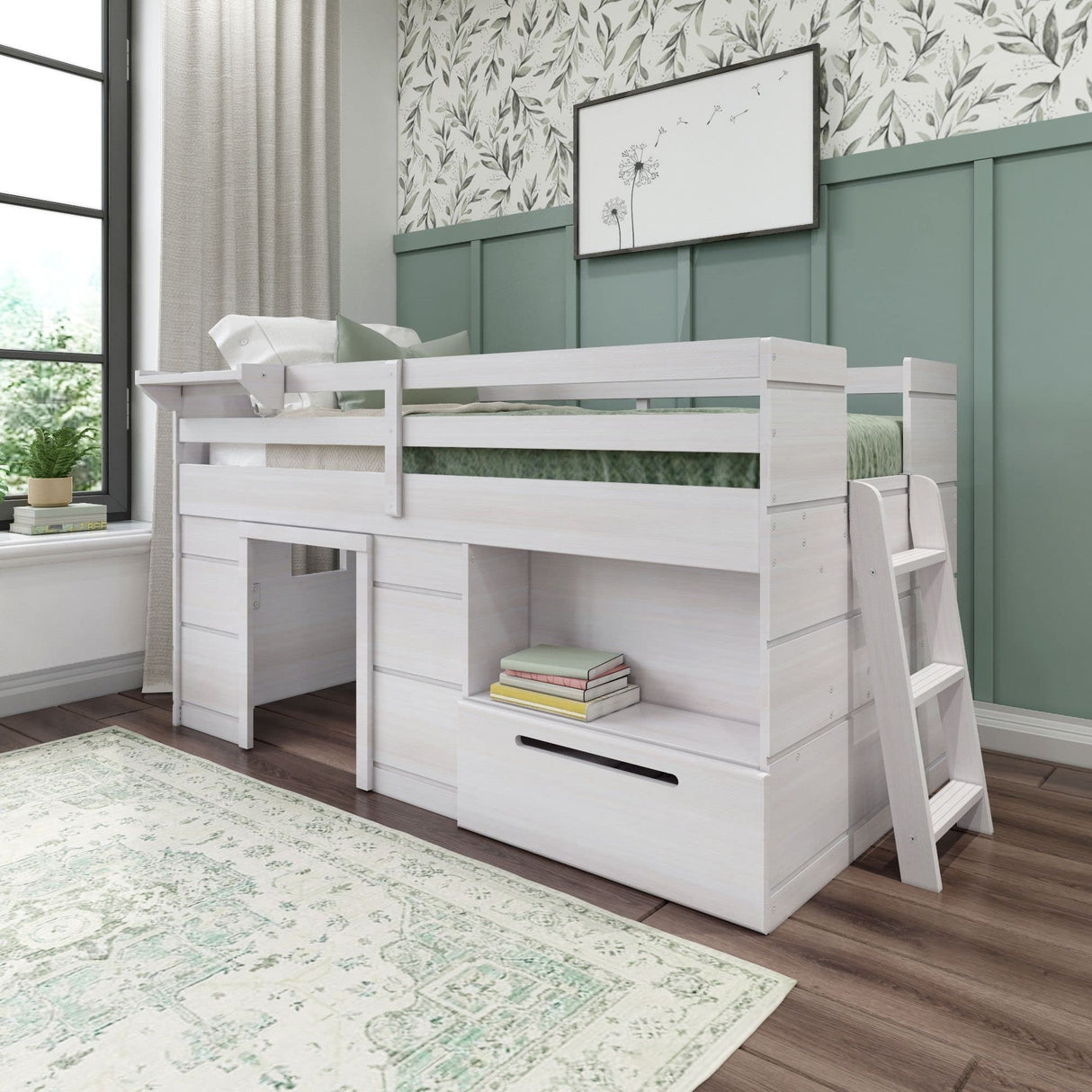 Max & Lily Loft Bed Twin Size, Solid Wood Low Loft Bed with Storage Drawer and Ladder, Modern Farmhouse Loft Bed for Kids, White Wash Max & Lily
