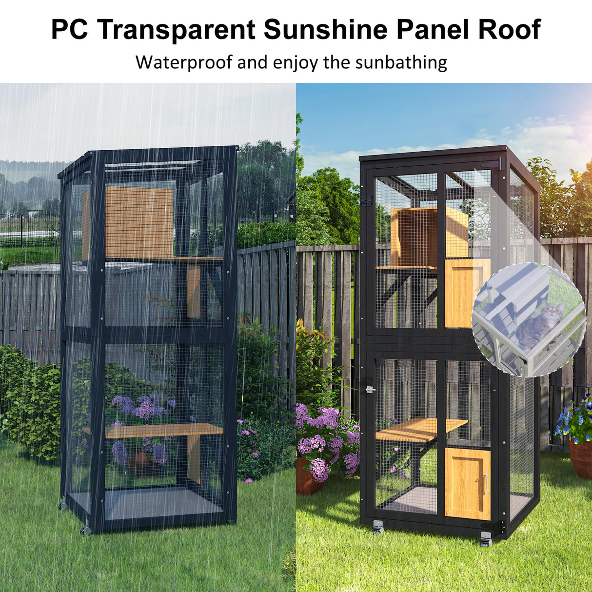 TIMHAKA Cat Catio Outdoor Enclosure, 4 Tiers Cat Playen Catio with Wheels, Resting Box, Sunshine Panel Waterproof Roof, Large Pet House Cage with Removable Wood Bottom and Easy Clean PVC Layer, Black TIMHAKA