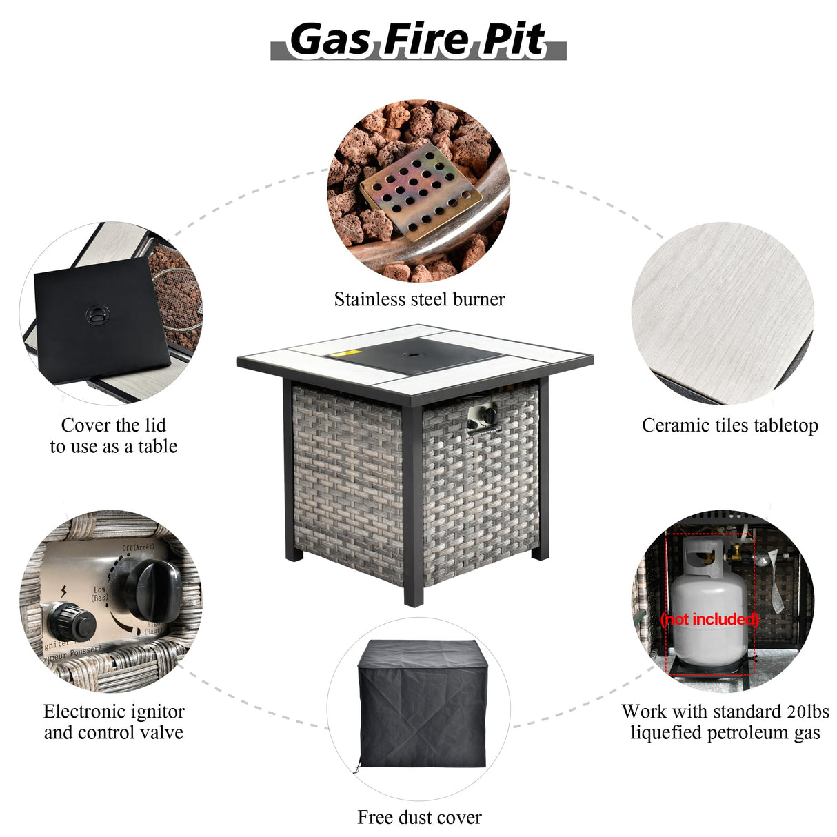 HOOOWOOO 10 Piece Modular Patio Outdoor Sectional Furniture Set with Gas Propane Fire Pit Table,Wicker Conversation Sofa Set with Swivel Chairs,Outside Couch Set(Dark Grey) HOOOWOOO