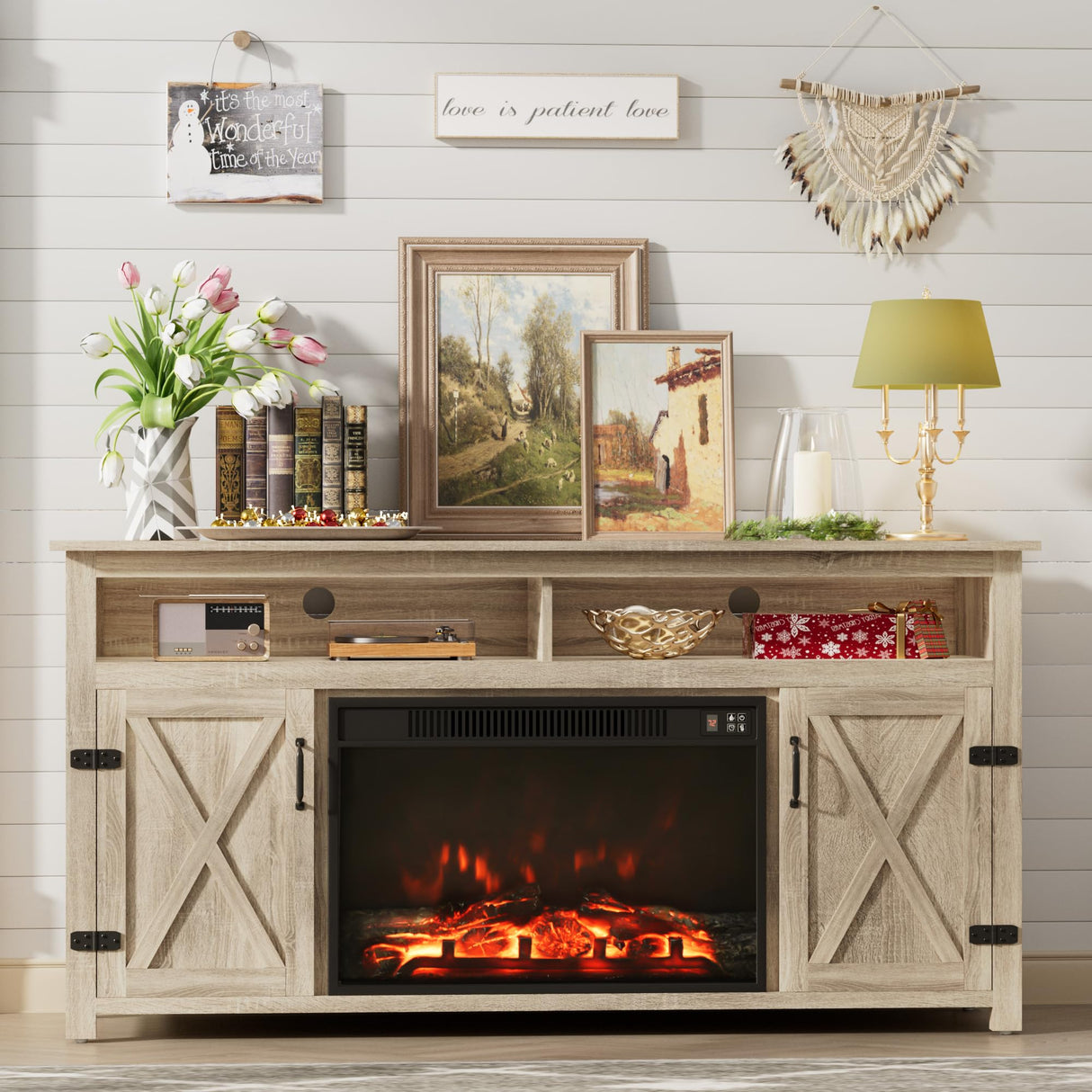 Furmax Farmhouse Fireplace TV Stand for TVs Up to 65 Inch Highboy Entertainment Center with Open Storage and Side Cabinets Rustic Media Console Table with Barn Doors for Living Room (Natural Oak) Furmax