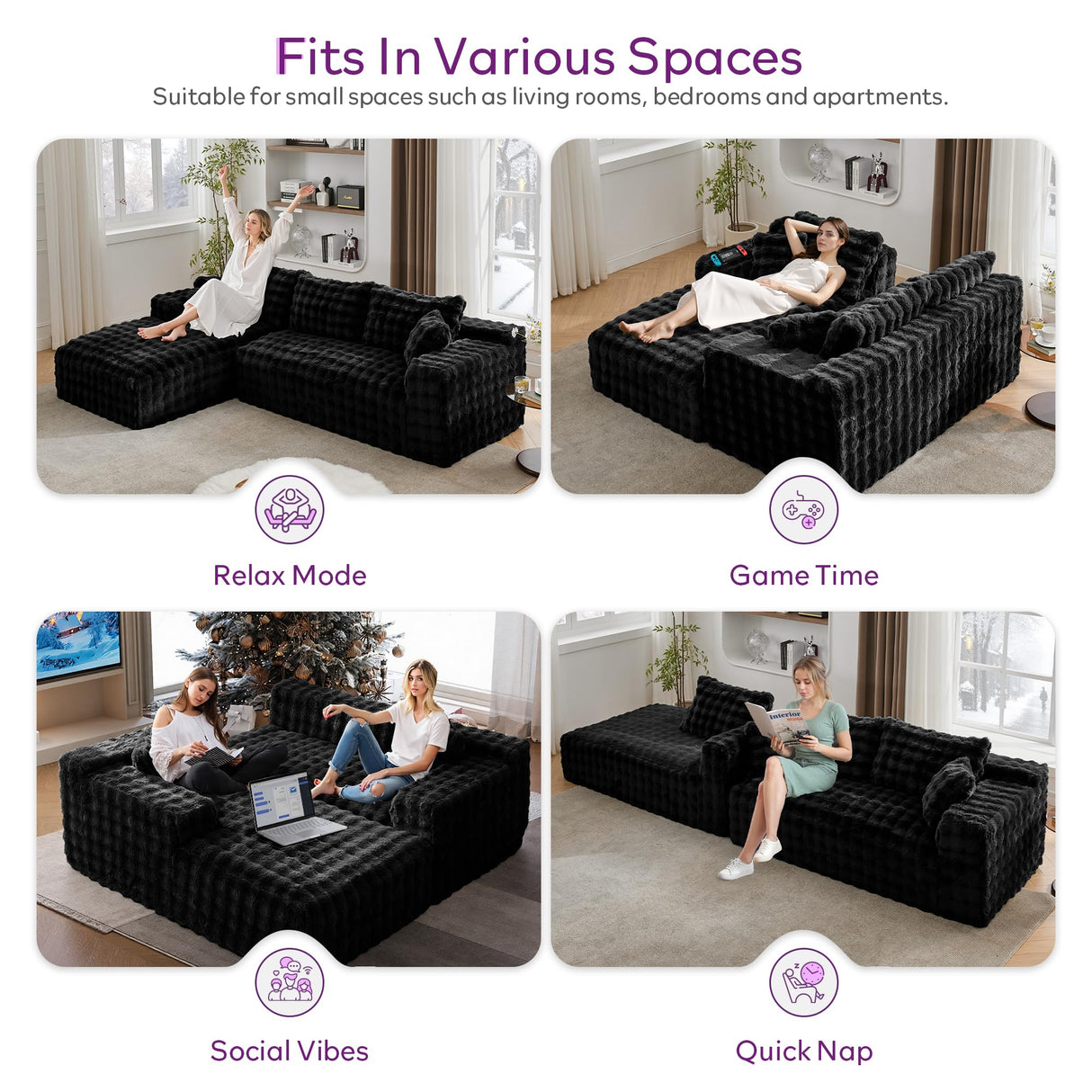 TYBOATLE 107’’ Boneless Slow-Rebound Memory Foam Couch, Cloud Sectional Couches for Living Room w/Upgraded Fabric, Deep Seat Comfy Fluffy L Shaped Modular Sectional Sofa (Black, Left Facing Chaise) TYBOATLE