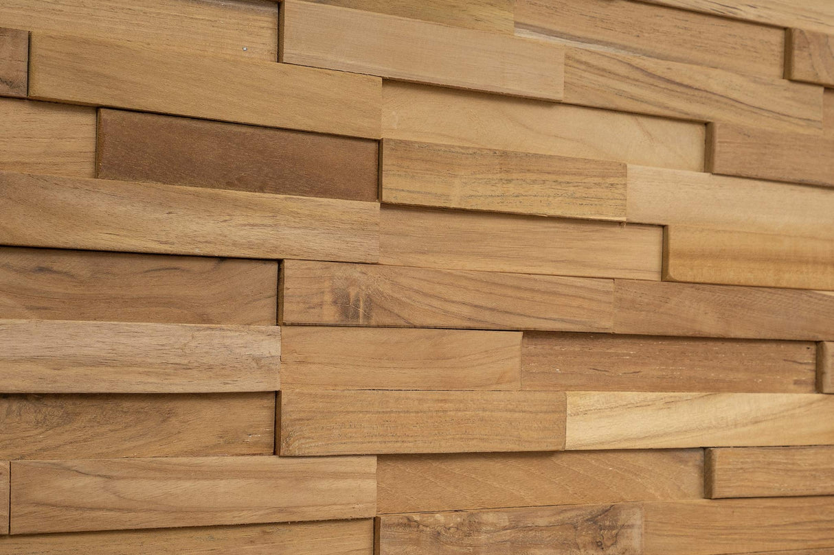WoodyWalls 3D Wall Panels | Wood Planks are Made from 100% Teak | Each Wood Panel is Handmade and Unique | Premium Set of 10 3D Wall Decor Panels | DIY Wood Panels (9.5 sq.ft. per Box) Natural Teak Woody Walls