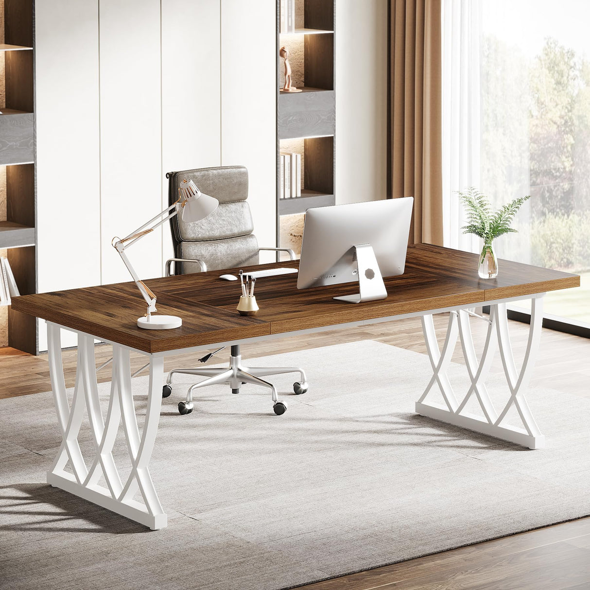 Tribesigns 70.86-Inch Executive Desk, Large Home Office Desk Computer Desk with Thick Metal Frame, Rectangle Study Writing Table Workstation for Home Office, Retro Brown & White Tribesigns