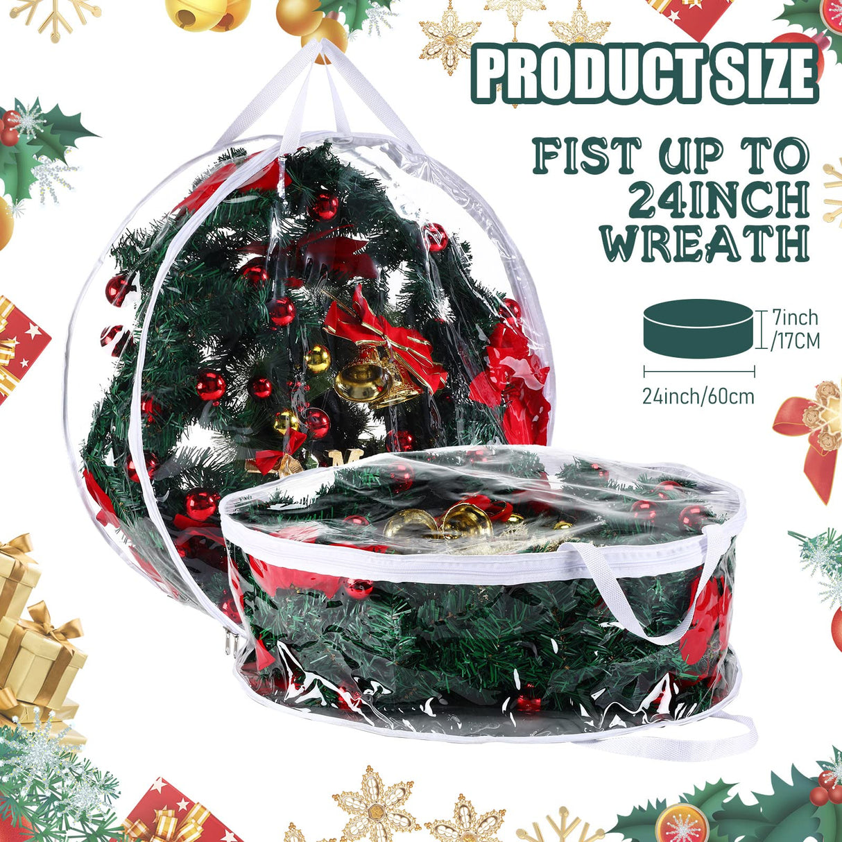 Shappy 4 Pieces Clear Christmas Wreath Storage Container 24 Inches Xmas Wreath Storage Bag Plastic Christmas Garland Container with Dual Zippers and Reinforced Handles for Xmas Seasonal (Clear) Shappy