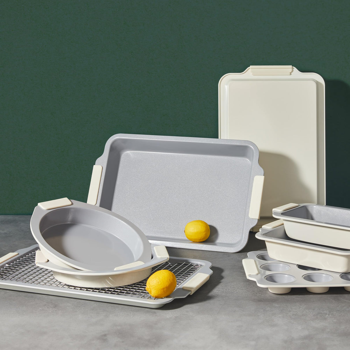 BRONYPRO Nonstick Ceramic Bakeware Set (9 Pieces),Heavy Duty Aluminized Steel Bakeware-Baking Pan Sets with Silicone Handles,Includes Sheet Pans,Loaf Pan,Muffin pan,Cake pans,PTFE & PFOA Free - White BRONYPRO