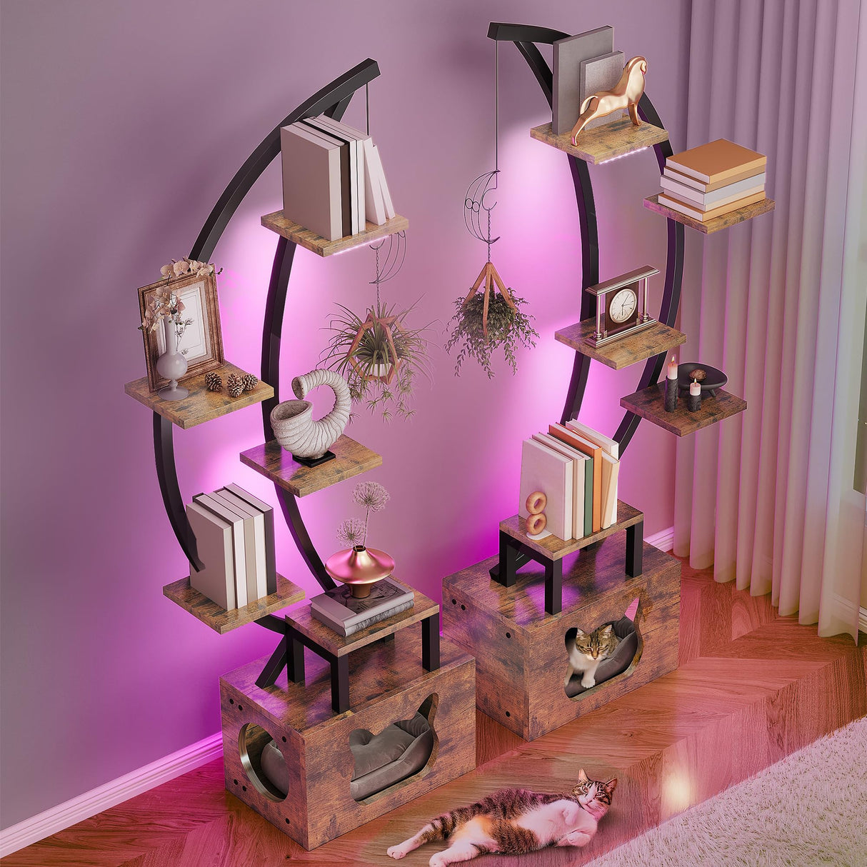 YITAHOME Tall Bookshelf with LED Light, Artistically Designed Arched Bookshelf with Cats Litter Box,10-Tier Bookcase Corner Display Shelf for Home Office, Bedroom YITAHOME
