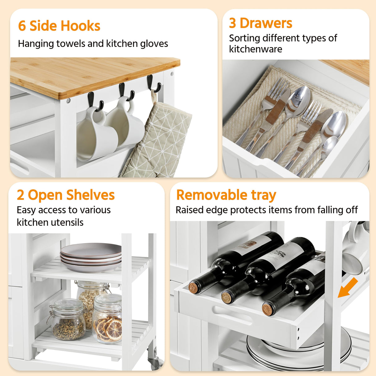 Yaheetech Kitchen Island Cart on Wheels with Bamboo Countertop, Rolling Serving Utility Trolley Cart with 3 Drawers, 3 Removable Shelves & Lockable Casters, Storage Cabinet for Dining Room, Bar, White Yaheetech