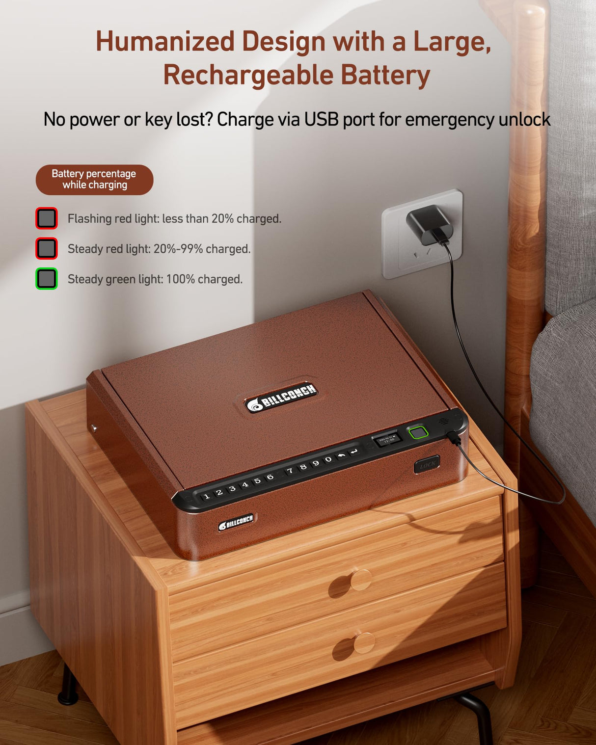 BILLCONCH Smart Gun Safe with Security Cable - Biometric Gun Safe for Handgun 4 Ways Quick Access with Fingerprint/Keypad/Key/APP Lock for Bedside Home Car with LCD/Voice Guide - Brown BILLCONCH