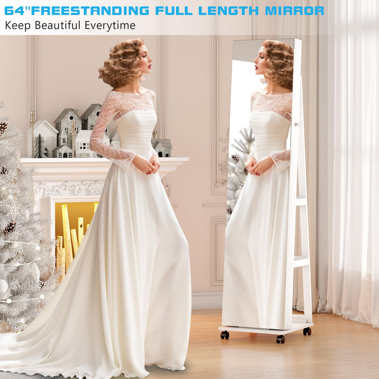 Lvifur 360° Rotating 64'' Jewelry Armoire with 6 LEDS, Full Length Mirror Large Capacity Jewelry Organizer Armoire, Lockable Floor Standing Mirror with 4 rollers for Bedroom, Cloakroom Lvifur